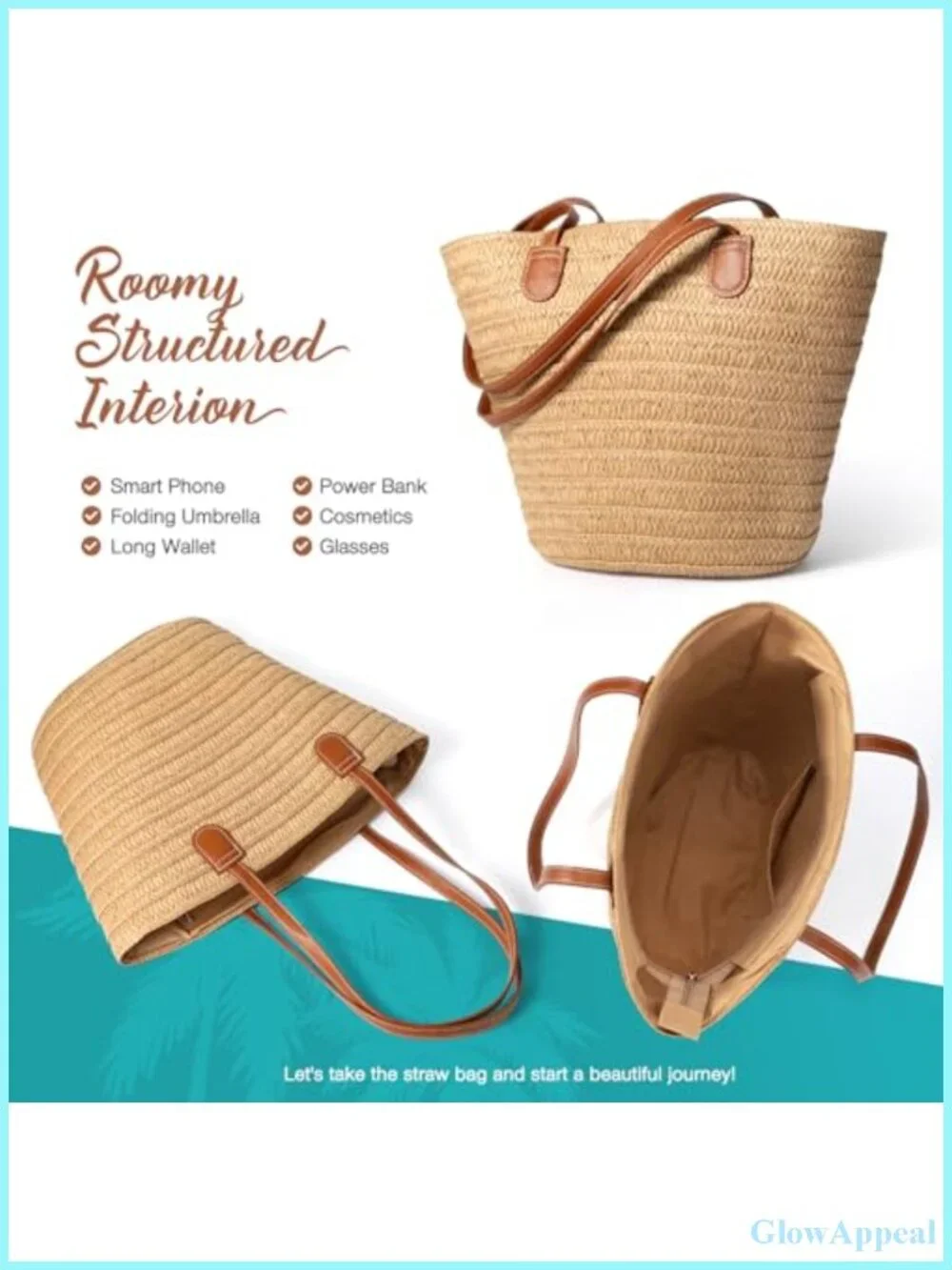 Straw Tote Bag Women Shoulder Handbag Beach Vacation Summer Purse